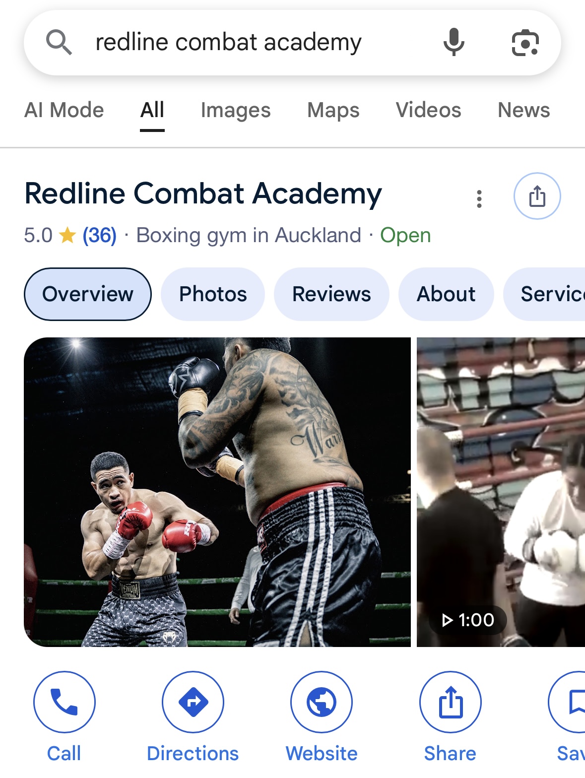 Redline Combat Academy Google profile after: 5.0 stars from 36 reviews.