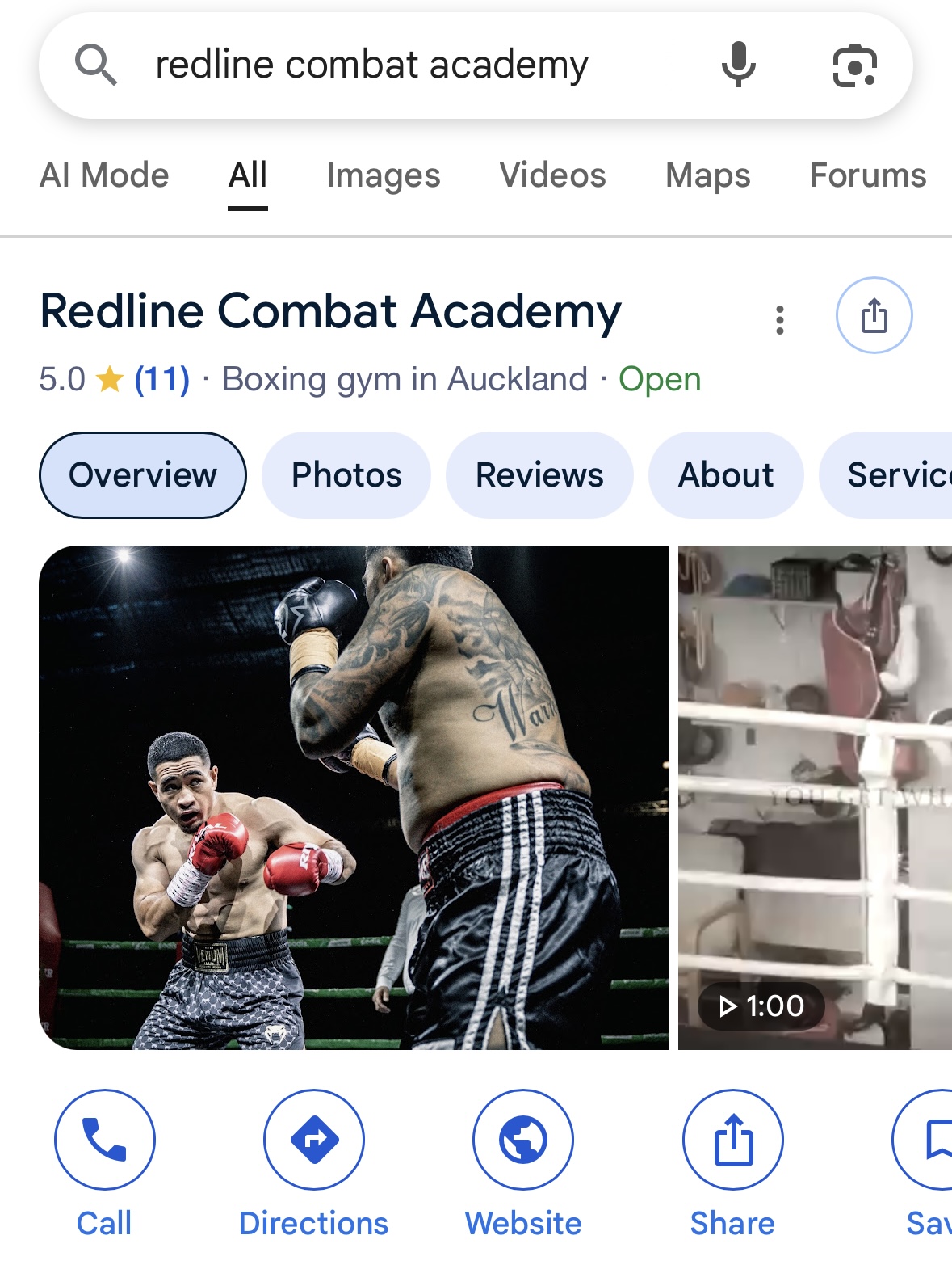 Redline Combat Academy Google profile before: 5.0 stars from 11 reviews.